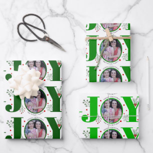 Three tone green Joy Christmas holiday photo Wrapping Paper Sheet