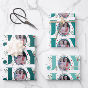 Three tone teal blue Joy Christmas holiday photo Wrapping Paper Sheet