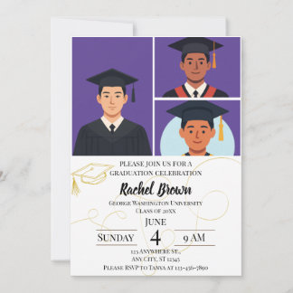 Three Top Photos with Line Art Graduation  Invitation