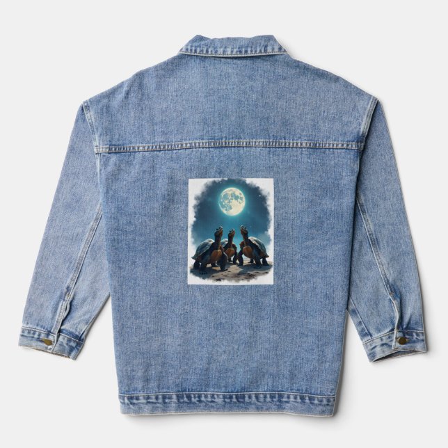 Three Tortoises Howl at Moon Wildlife Mountain Tur Denim Jacket (Back)