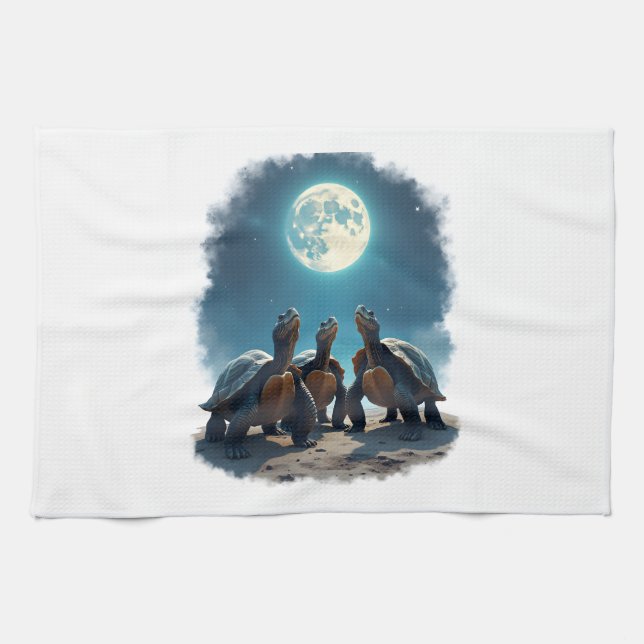 Three Tortoises Howl at Moon Wildlife Mountain Tur Tea Towel (Horizontal)