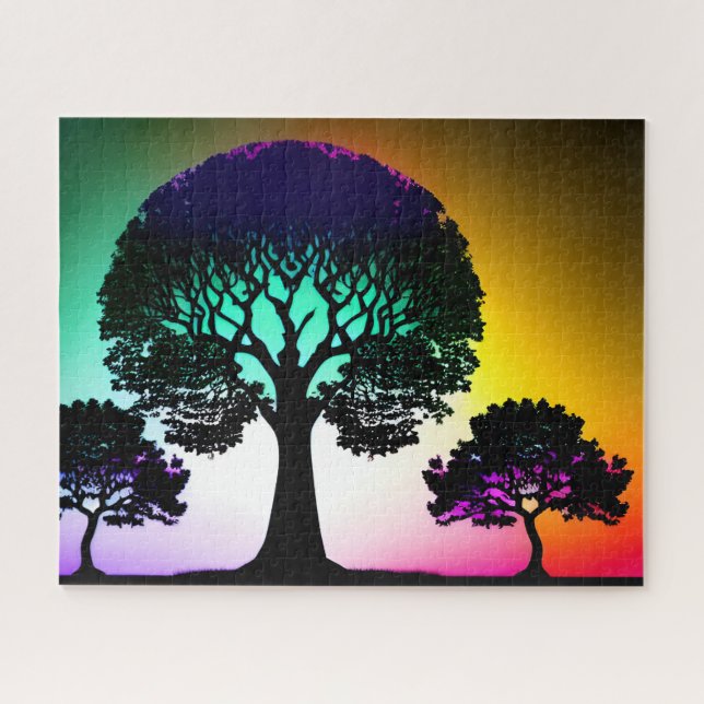 Three Trees Sunset Silhouettes Under Vibrant Sky Jigsaw Puzzle (Horizontal)