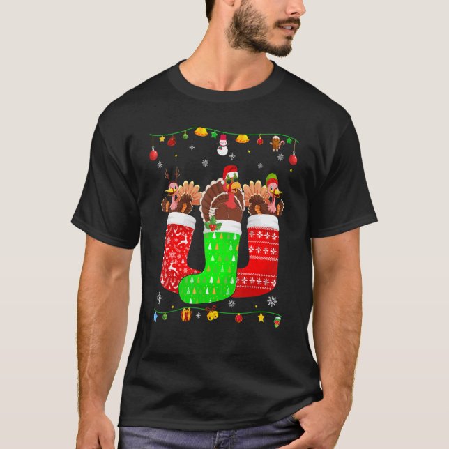 Three Turkey In Christmas Socks Matching Xmas Paja T-Shirt (Front)