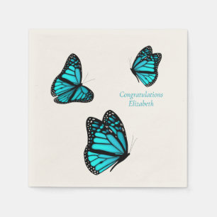 three turquoise butterflies personalised cocktail napkin