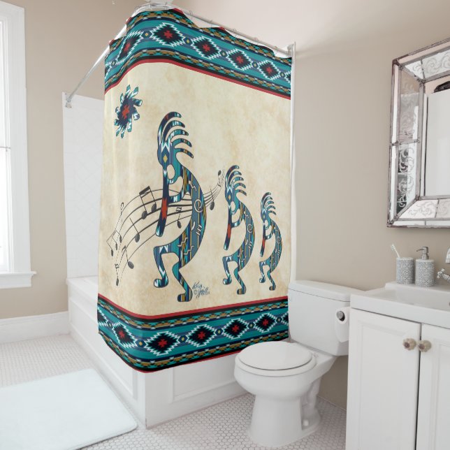 Three Turquoise Kokopelli Shower Curtain (In Situ)