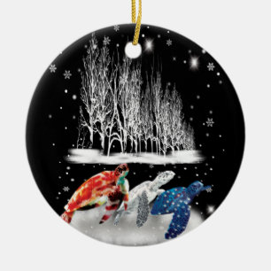 Three Turtle American T-Shirt Snowflake Christmas Ceramic Ornament