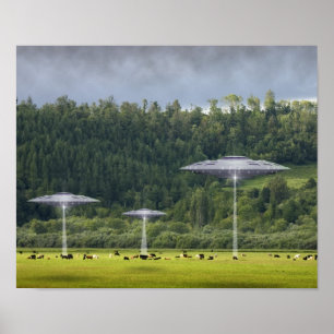 Three UFO's with Field of Cows Poster
