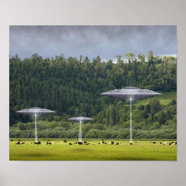 Three UFO's with Field of Cows Poster (Front)