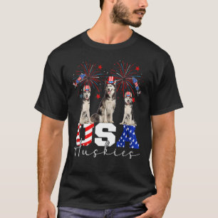 Three Usa Huskies Dog Wearing Hat American Flag Fi T-Shirt