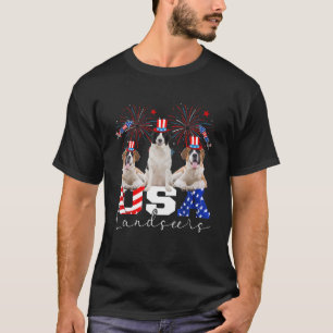 Three USA Landseers Dog Wearing Hat American Flag T-Shirt