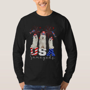 Three Usa Samoyeds Dog Wearing Hat American Flag F T-Shirt