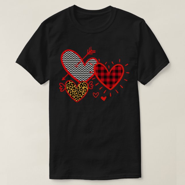Three Valentine's Day Hearts  Plaid Leopard Stripe T-Shirt (Design Front)