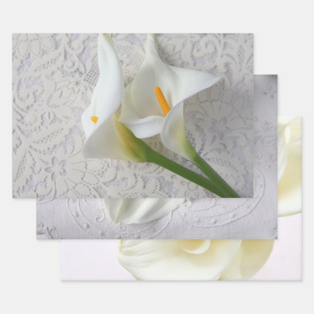 Three views of white calla lilies wrapping paper sheet (Set)
