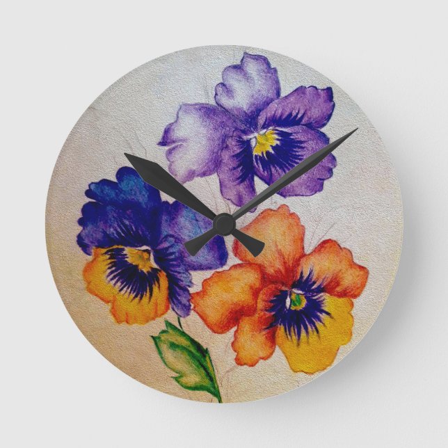 Three vintage Pansy flowers coloured pencils   Round Clock (Front)