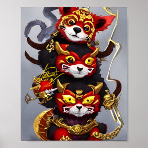 three warrior red panda button poster