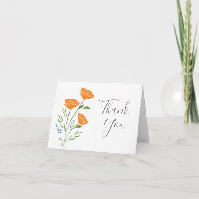 Three Watercolor Poppies Bouquet Thank You Card (Front)