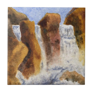 Three waterfalls drop from large rocks ceramic tile