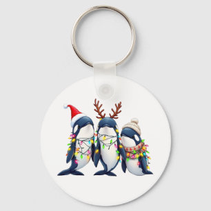 Three Whales Wearing Christmas Santa Hat  Key Ring