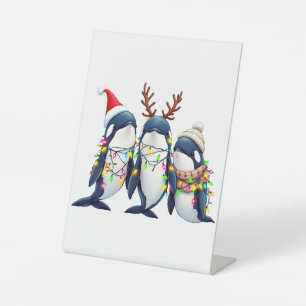 Three Whales Wearing Christmas Santa Hat Pedestal Sign