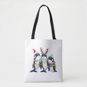Three Whales Wearing Christmas Santa Hat  Tote Bag