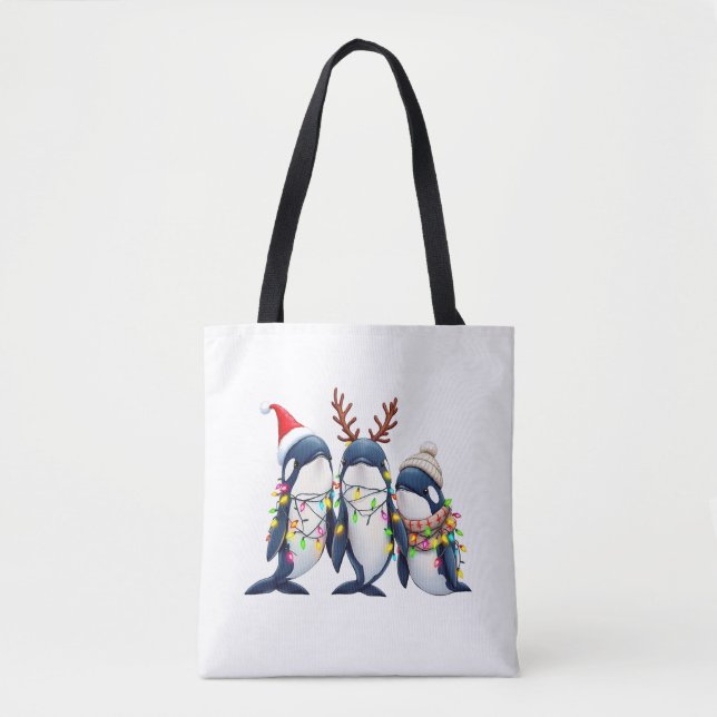 Three Whales Wearing Christmas Santa Hat  Tote Bag (Front)