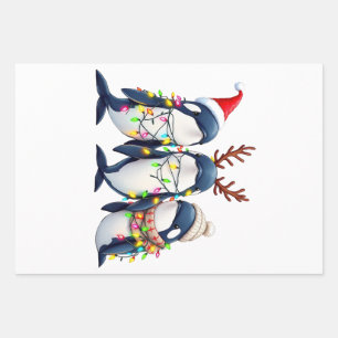 Three Whales Wearing Christmas Santa Hat  Wrapping Paper Sheet