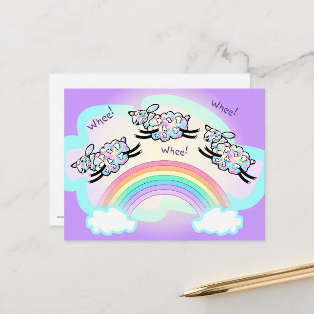 Three Whee Sheep Leaping a Rainbow Fun Happy Postcard (Front/Back In Situ)