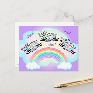 Three Whee Sheep Leaping a Rainbow Fun Happy Postcard