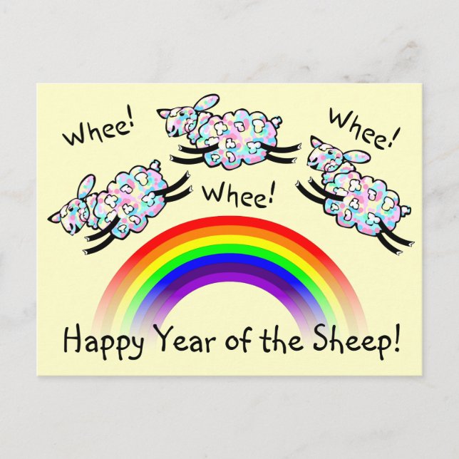 Three Whee Sheep Leaping a Rainbow Happy Year Postcard (Front)