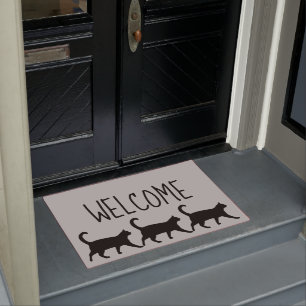 Three Whimsical Black Cats Welcome Doormat