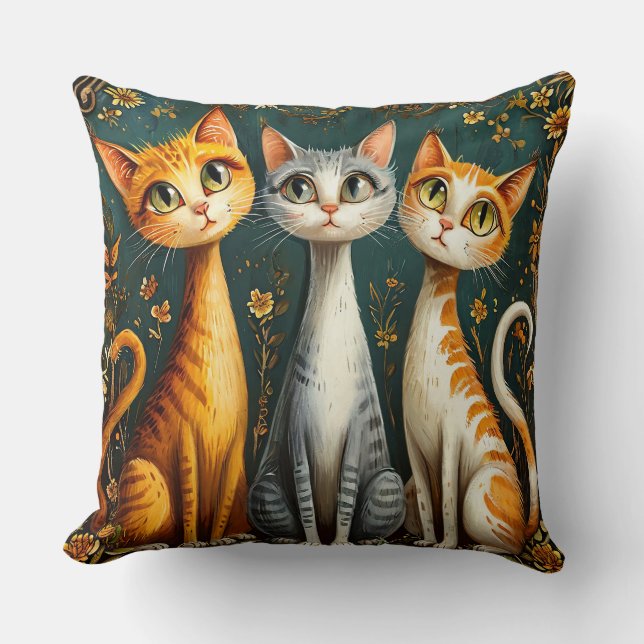 Three Whimsical Cat Illustrations Cushion (Front)