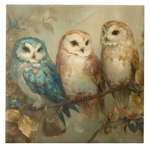 Three Whimsical Owls on a Branch Ceramic Tile