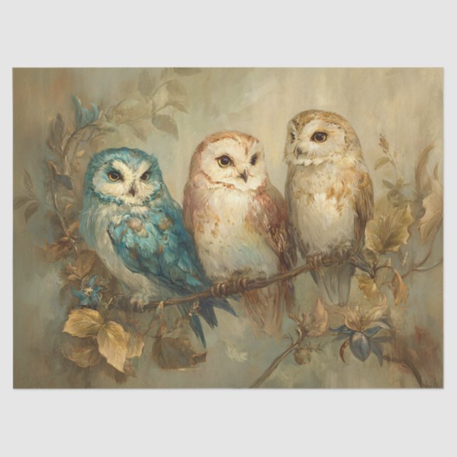 Three Whimsical Owls on a Branch Decoupage Tissue Paper (Front)
