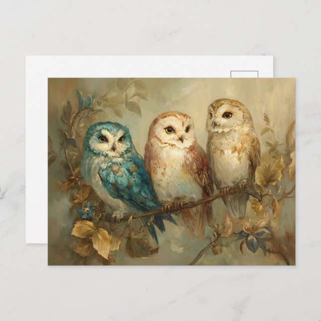 Three Whimsical Owls on a Branch Postcard (Front/Back)