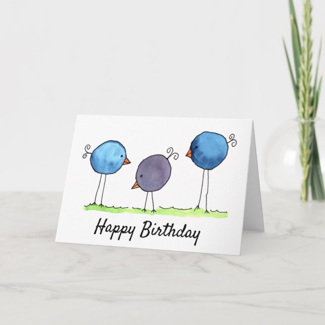 Three Whimsical Watercolor Birds Birthday Card (Front)