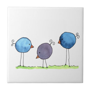 Three Whimsical Watercolor Birds Ceramic Tile