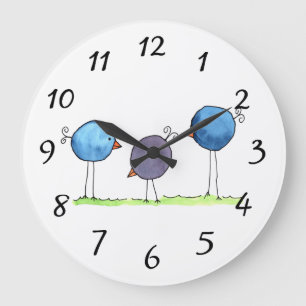 Three Whimsical Watercolor Birds Large Clock