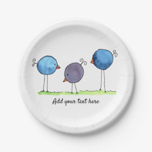Three Whimsical Watercolor Birds Paper Plate