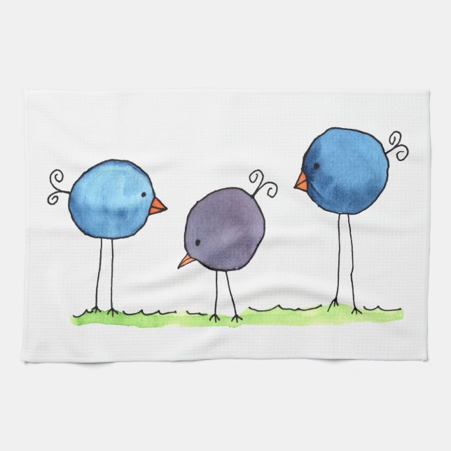 Three Whimsical Watercolor Birds Tea Towel (Horizontal)