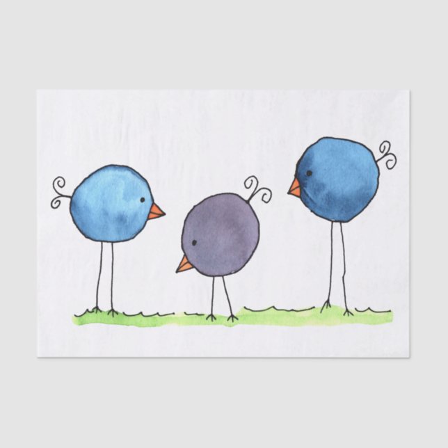 Three Whimsical Watercolor Birds Tissue Paper (Front)