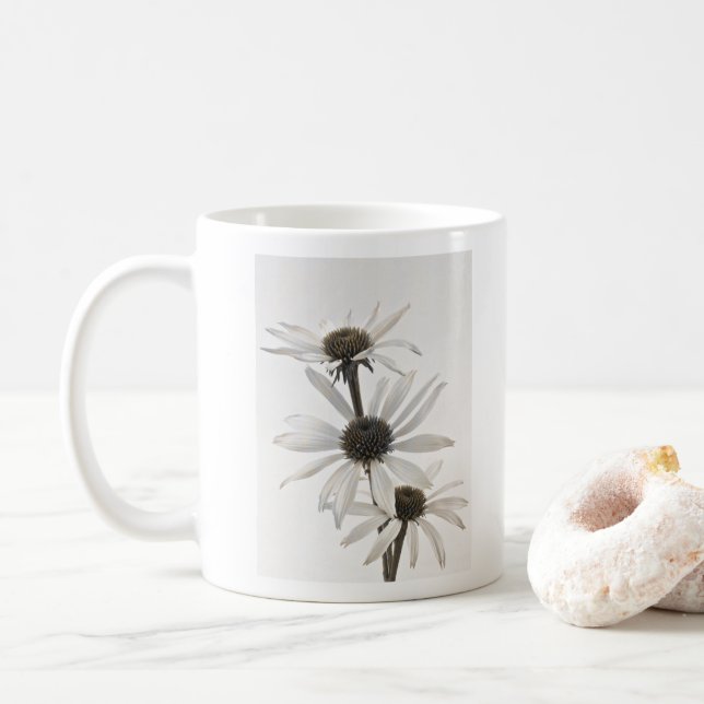 Three White Cone Flowers Coffee Mug (With Donut)