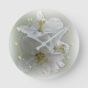 three white flowers round clock