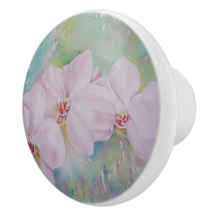 THREE WHITE ORCHIDS CERAMIC KNOB