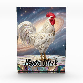Three white roosters. photo block