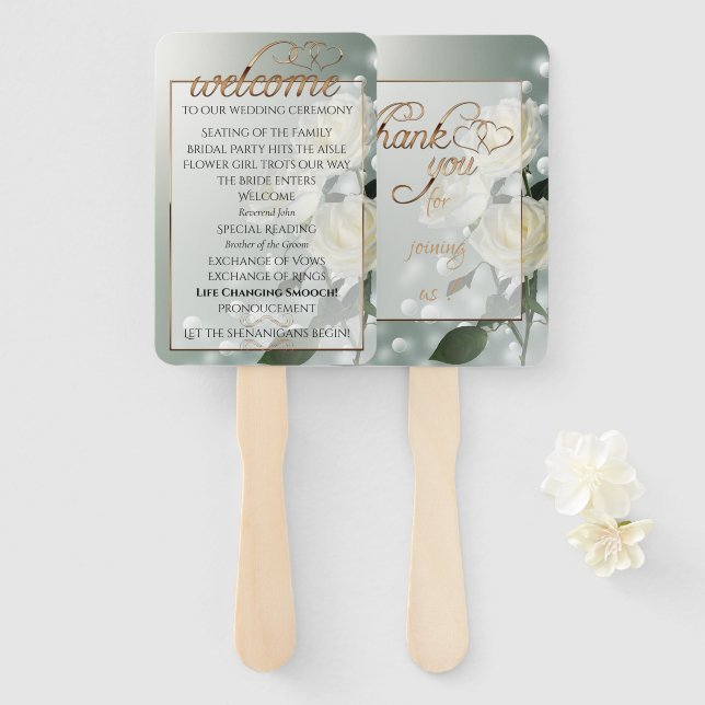 Three White Roses/Gold Trim Hand Fan (Front and Back)