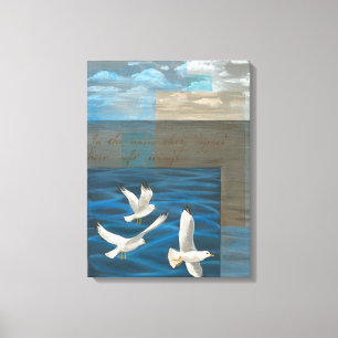 Three White Seagulls Flying Over the Water Canvas Print