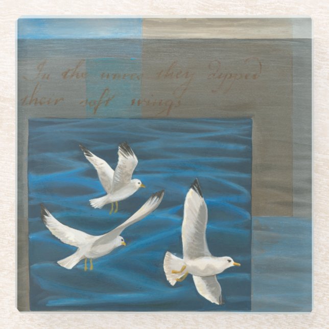 Three White Seagulls Flying Over the Water Glass Coaster (Front)
