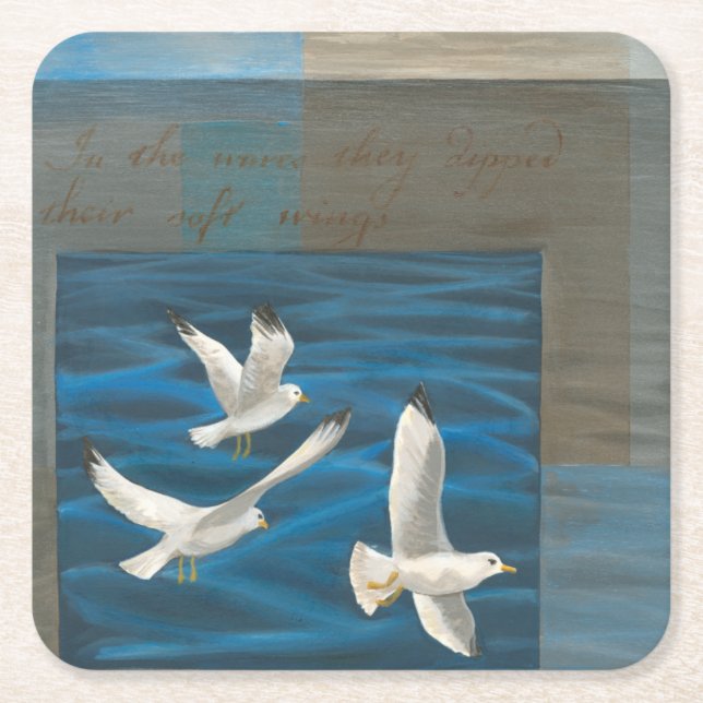 Three White Seagulls Flying Over the Water Square Paper Coaster (Front)