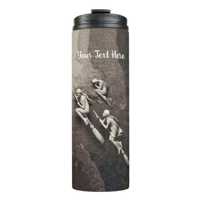 Three White Witches Flying on Brooms Mix of Browns Thermal Tumbler (Front)