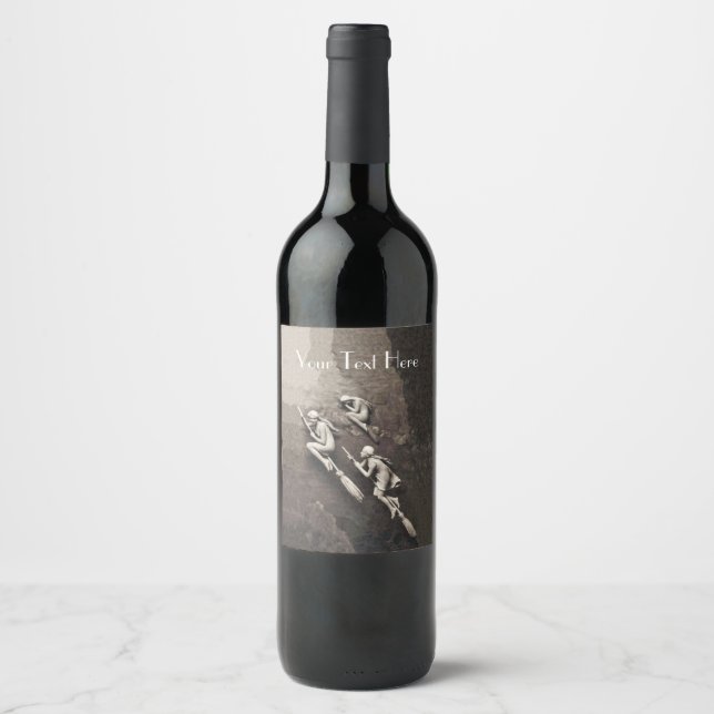 Three White Witches flying on Brooms on Browns Wine Label (Front)